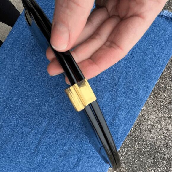 Vintage 60s Black Patent Vinyl Mod Handbag w/ Nautical Lining Brass Clasp - Picture 3 of 9